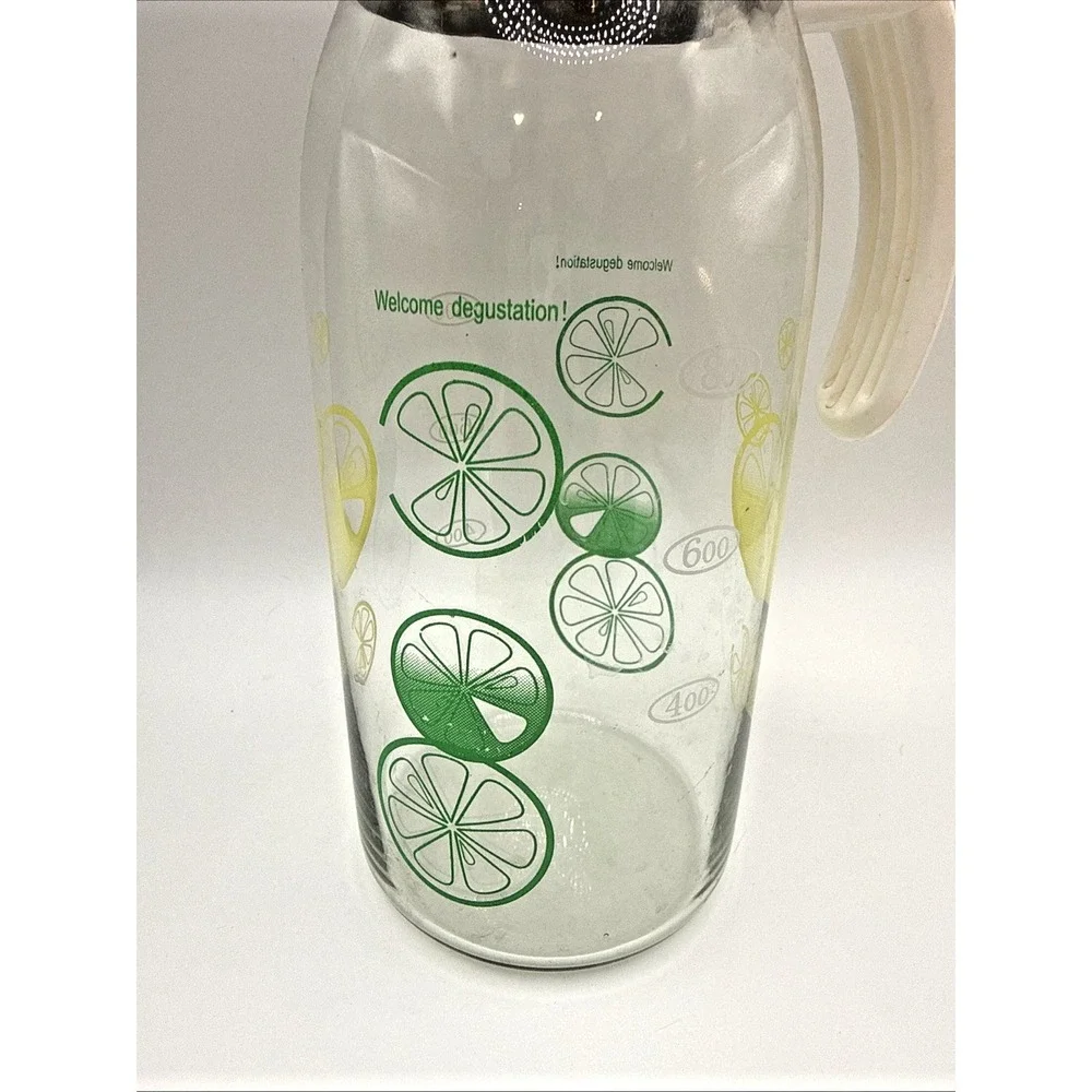 Vintage Pyrex Lemon Lime Pitcher Carafe Lid Strainer 1 Qt Welcome Degustation
